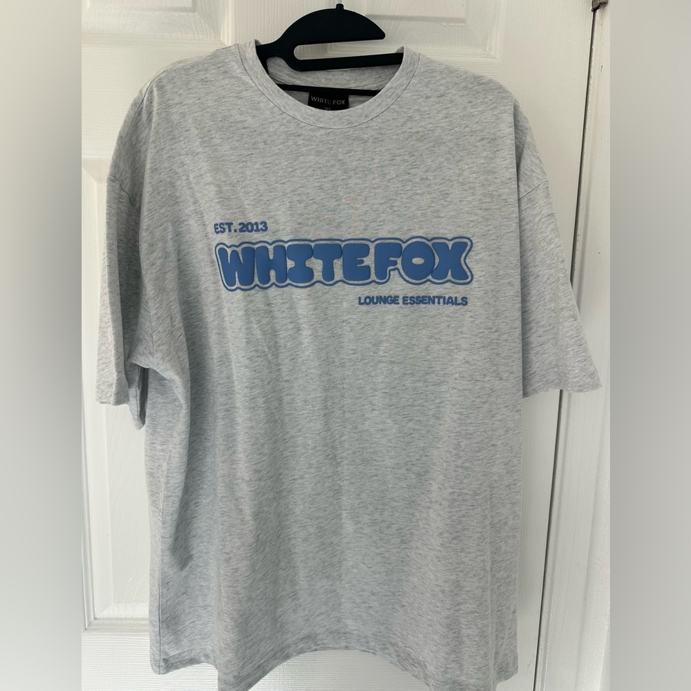 White Fox Boutique Grey Marle Tee with Blue Graphic